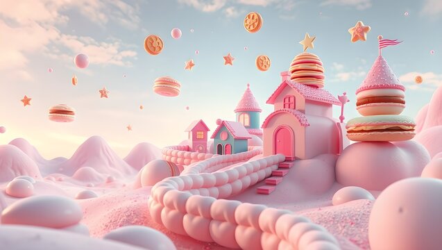 Playful Surreal Dessert Landscape with Giant Macaron Houses and Marshmallow Road in Pastel Sky