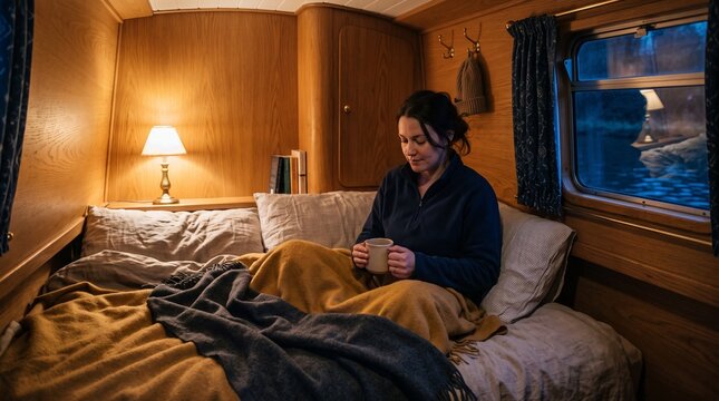 Quiet winter bedtime inside a compact narrowboat sleeping cabin