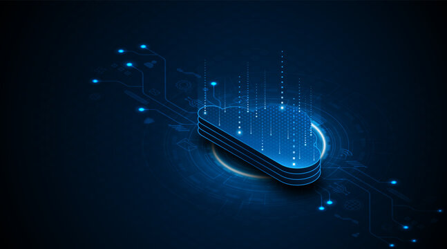 The concept of cloud computing and future data center technology. Digital storage servers on blue circuit boards. High-speed server connectivity for big data processing.