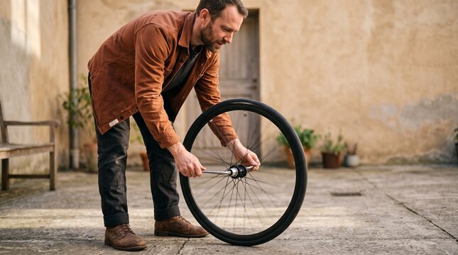 Cycling educator demonstrates gyroscopic wheel stability outdoors