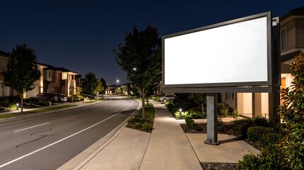 Fototapeta premium Blank billboard mockup on a quiet suburban street at night with residential houses nearby