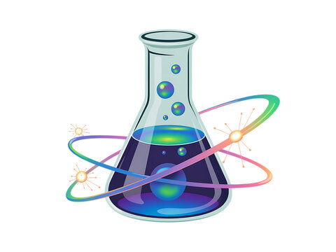 Scientific lab flask with magic liquid on transparent background for 3d chemistry experiment education.