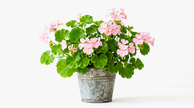 Beautiful pink geranium flowers in a rustic metal pot indoors  home decor