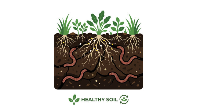Healthy Soil Cross-Section with Plants and Earthworms