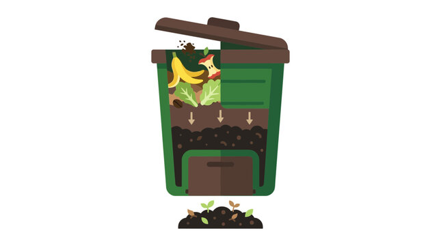 Composting bin with organic waste and fertile soil illustration