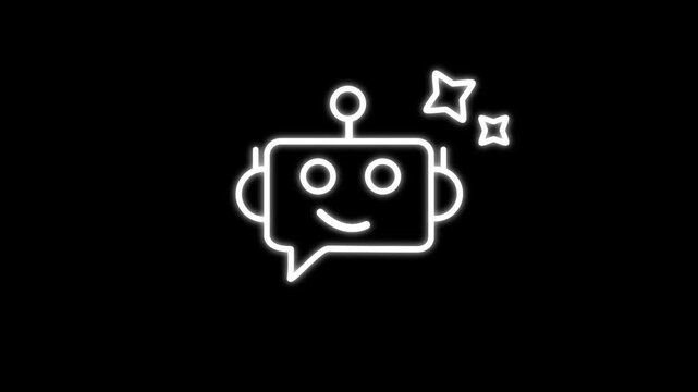 White line artificial intelligence robot chat bot icon animation on black background