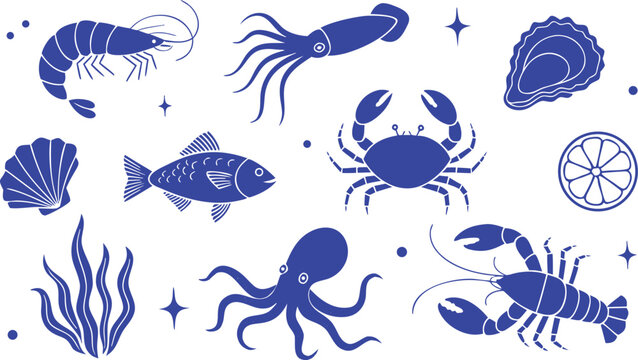 Set of blue seafood icons with shrimp lobster crab octopus fish and shellfish silhouettes