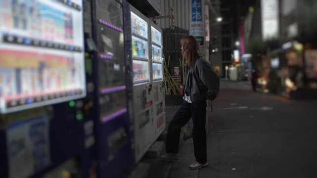 Young woman buying drink from vending machine at night in japan