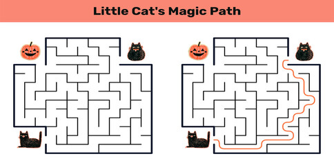 Halloween black cat labyrinth activity featuring feline character navigating through maze © Anastasia Mart