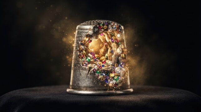 Vintage silver thimble filled with colorful sparkling gemstones