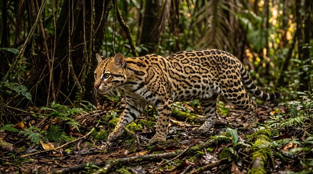 ocelot walking amazon rainforest
