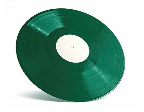 A single, tilting, green vinyl record with a white label