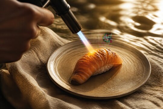 Flame kissed sushi torching a nigiri plate