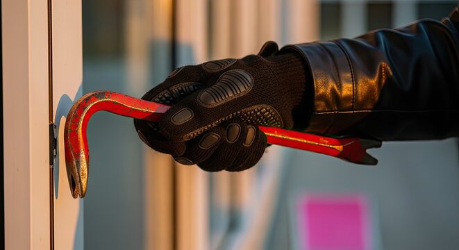 Burglary in progress with intruder using red crowbar to pry open door during sunset security breach concept
