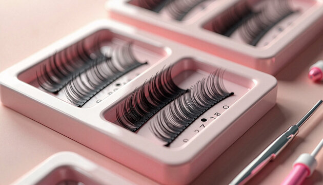 Professional eyelash extension trays with volume lash sets for beauty salon, closeup of professional lashmaker tools work