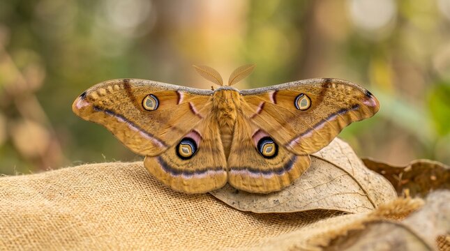 Majestic Polyphemus Moth Displaying Intricate Wing Patterns and Prominent Eyespots on a Rustic Burlap Texture, Soft Lighting