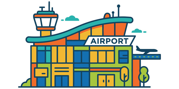 Modern colorful airport terminal building with control tower isolated on transparent background