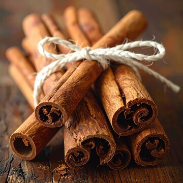 Rustic bundle of cinnamon sticks tied with twine on a wooden surface