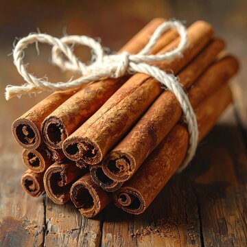 Rustic bundle of dried cinnamon sticks tied with twine on wood