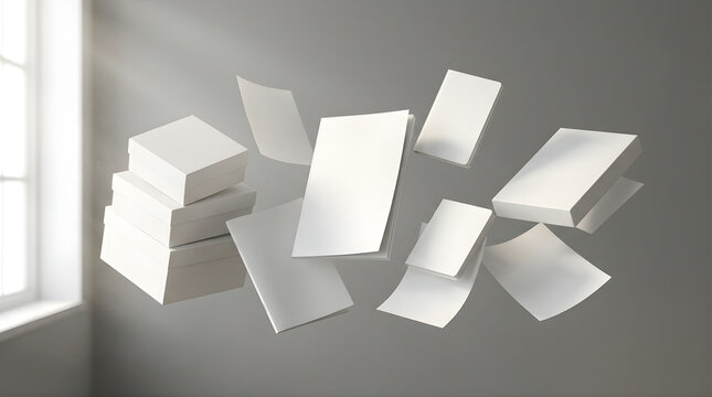 Blank white papers floating and scattering in a bright room with soft light coming from a window creating a sense of motion and emptiness