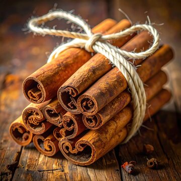 Rustic bundle of dried cinnamon sticks tied with twine on wood (1)