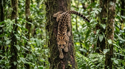 Fototapeta premium margay descending tree trunk