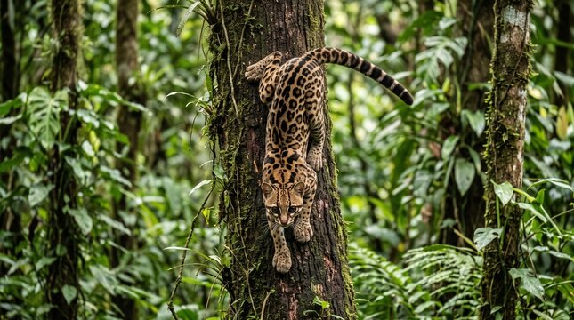 margay descending tree trunk