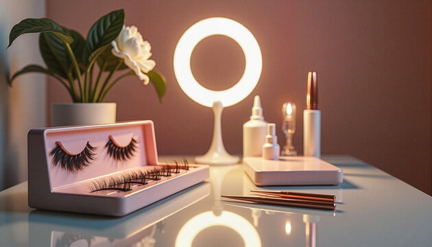 Professional eyelash extension kit with beauty salon tools on table, closeup of professional lashmaker tools work