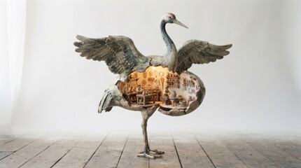 Obraz premium Sculptural crane bird with miniature pottery studio interior