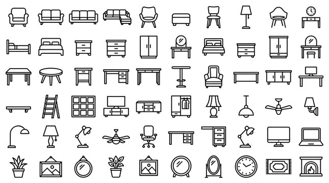 Collection of modern furniture and home interior line icons