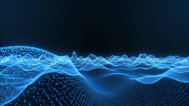 Dynamic flowing blue particle waves creating a captivating abstract digital landscape, perfect for high-resolution technological displays and enhanced digital content backgrounds