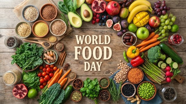 Symmetrical flat lay border of fresh fruits, grains and vegetables with World Food Day central text