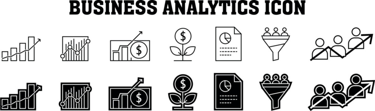Set of business analytics icons representing data growth financial strategy and marketing performance in a modern outline style