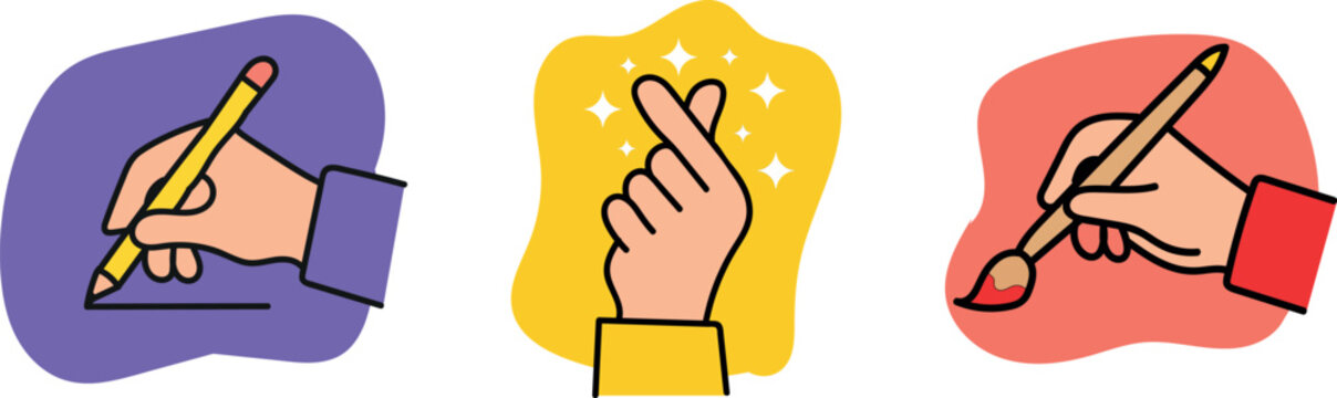 Set of three colorful hand gesture icons including writing with a pencil painting with a brush and heart sign