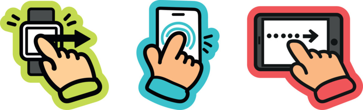 Set of hand gestures demonstrating touch screen interactions on a smartwatch smartphone and tablet computer devices
