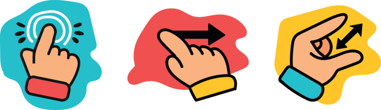 Set of colorful hand gesture icons representing touch screen interactions like tapping sliding and pinching for mobile devices