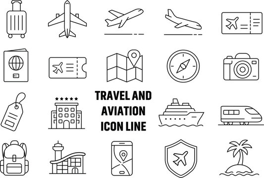 Set of thin line icons representing travel and aviation themes including luggage transportation and airport services