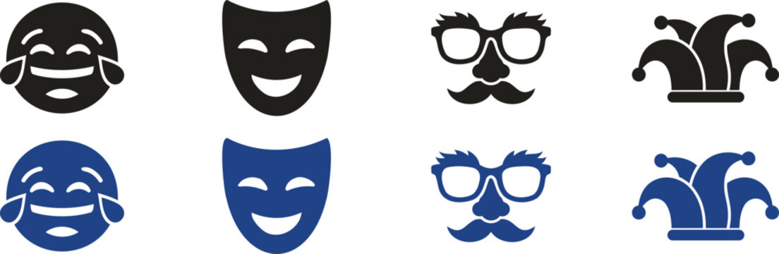Theatre comedy and tragedy masks icon set with glasses mustache and jester hat silhouette illustration