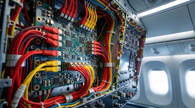 Close up of open airplane avionics bay showing motherboard with colorful wiring. Technician performs maintenance inside jet cabin near windows. High tech circuit boards with red, yellow cables