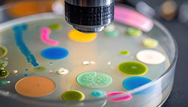 Colorful bacterial colonies in petri dish under microscope.