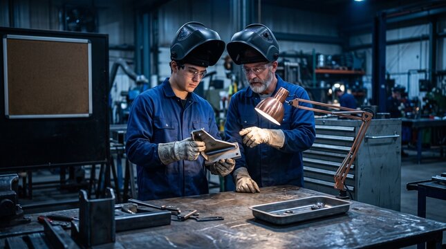 Apprentice reviews a finished weld with a senior craftsperson