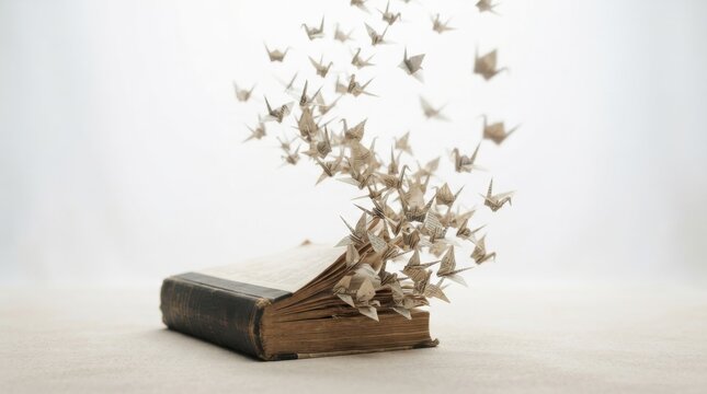 Origami paper cranes flying from an open vintage book