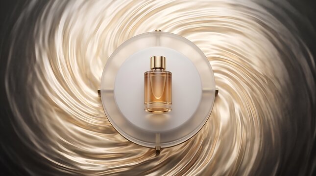 Luxury perfume bottle on circular glass stand surrounded by swirling liquid gold background effect