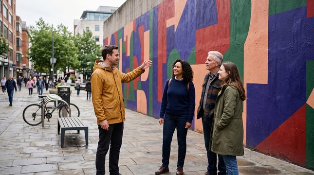 Visitors gather beside a renewed abstract mural in a public plaza