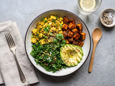 Healthy vegan bowl with scrambled tofu roasted sweet potatoes kale and sliced avocado on gray