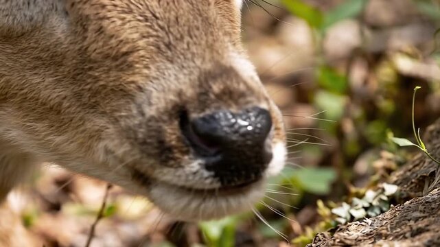 Tracking shot of deer muzzle approaching and sniffing leaf litter on forest floor in daylight, close intimate wildlife study showing nose whiskers and fur texture
