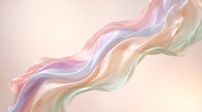 Soft pastel silk fabric flowing through air with light color gradient on blurred background
