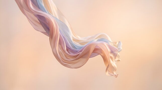 Elegant pastel silk cloth floating in space with soft focus light background composition