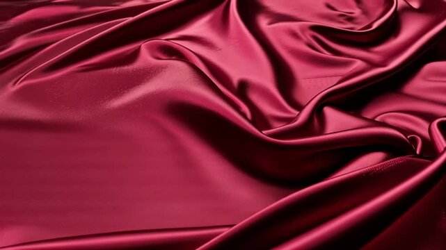 Slow motion close up pan of red satin fabric rippling and draping across studio tabletop backdrop, glossy folds shimmer with intimate calm mood, luxury textile study