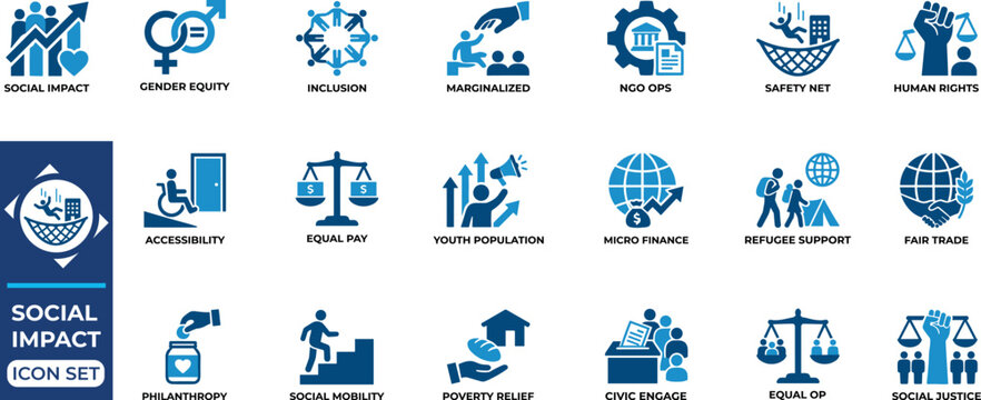 Social Impact, Human Rights, Inclusion, Gender Equality and Social Justice Icons.